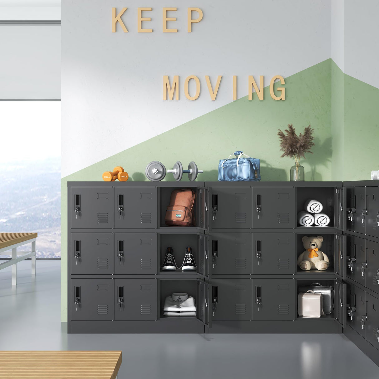 IKIMI Metal Lockers for Employees,Office Storage Locker with 9 Doors Black,Employee Locker with Lock and Card Slot,Steel Staff Locker Storage Cabinet for Gym Home School Garage,Assembly Required IKIMI