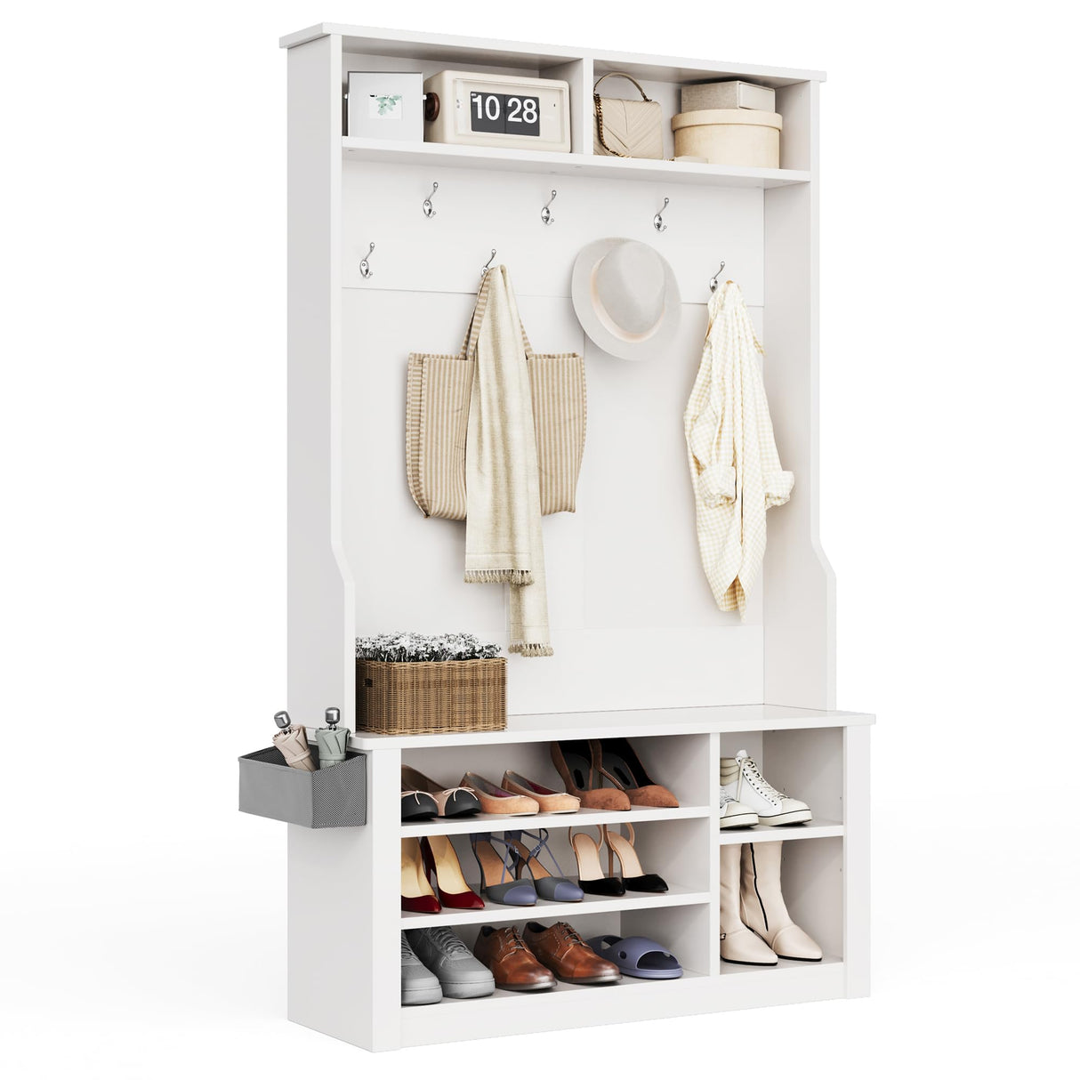 Aiho Hall Tree with Bench and Shoe Storage, 3-in-1 Entryway Bench with Coat Rack, Hall Tree with Bench with Adjustable Shoe Storage, 2-Tier Top Storage, for Entryway, Hallway, White Aiho