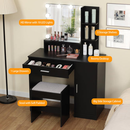 usikey Makeup Vanity Desk for Valentine's Day, Vanity Desk Set with 1 Drawer, 1 Cabinet & 3 Shelves, Makeup Vanity Table with Stool for Bedroom, 3 Lighting Modes & Brightness Adjustable, Blac - WoodArtSupply