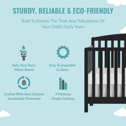 Dream On Me JPMA & Greenguard Gold Certified Odelle 5 in 1 Convertible Crib in Matte Black, Built of Sustainable Pinewood, 3 Mattress Height Settings, Non-Toxic Water-Based Paint Finish