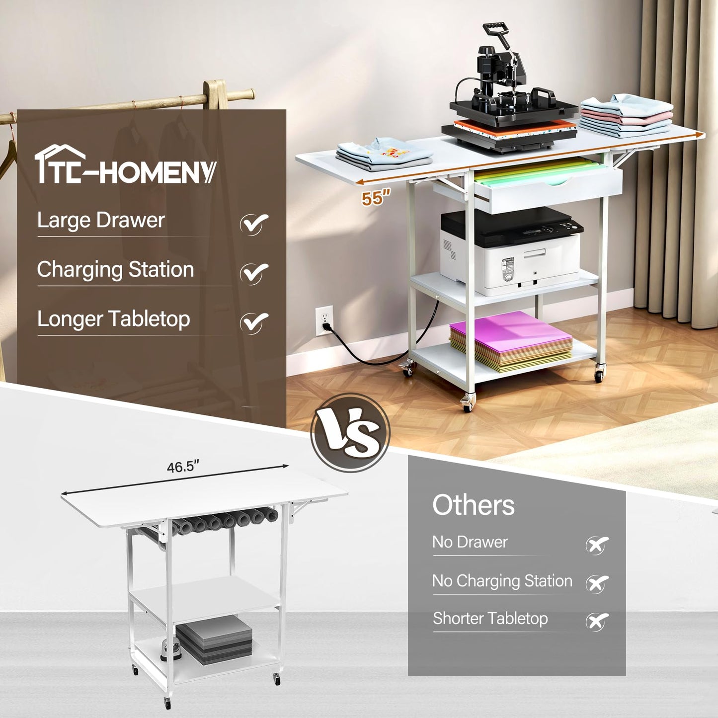 TC-HOMENY Movable 3 Tier Heat Press Table, Foldable Heat Transfer Machine Stand with Vinyl Roll Holder, Heat Press Table Cart Stand with Charging Station for DIY Sublimation Transfer Machine (White)