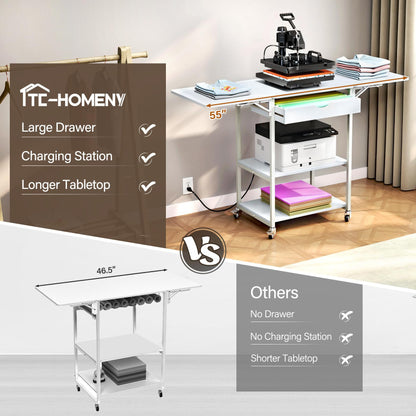 TC-HOMENY Movable 3 Tier Heat Press Table, Foldable Heat Transfer Machine Stand with Vinyl Roll Holder, Heat Press Table Cart Stand with Charging Station for DIY Sublimation Transfer Machine (White)