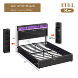 LUXOAK Full Size Lift Up Bed Frame with Bookcase Headboard & 2 Side Shelf, Farmhouse Storage Bed with LED Light and Charging Station, No Box Spring Needed, Noise-Free, Black Oak LUXOAK