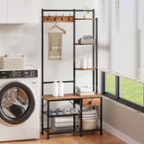 Furologee Coat Rack, Hall Tree with Bench and Shoe Storage, 4 in 1 Entryway Bench, Coat Rack with 3 Shelves and Drawer, Entryway Organizer with 5 Hooks for Hanging, Rustic Brown Furologee