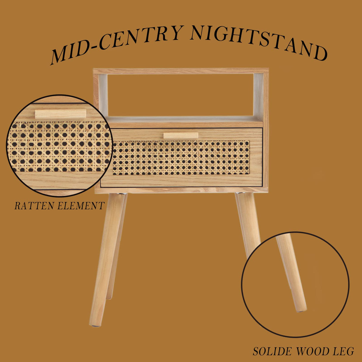 MaxSmeo Bedside Table, Small Nightstand with Charging Station, Rattan Side Table Small Wood End Table for Living Room, Bedroom and Small Spaces, Mid Century Modern Nightstand, Easy Assembly (Natural) MaxSmeo