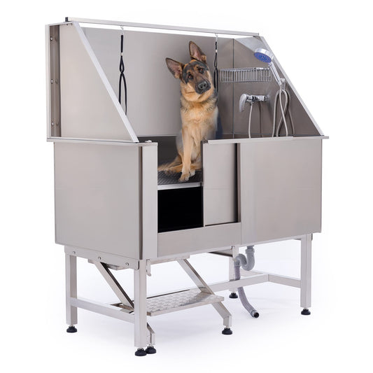 CO-Z 50” Dog Bathing Station for Large Dogs, Professional Dog Grooming Tub Pet Dog Washing Station for Home, Large Dog Bathtub with 304 Stainless Steel Tank, Removable Floor Grate, Steps, Faucet