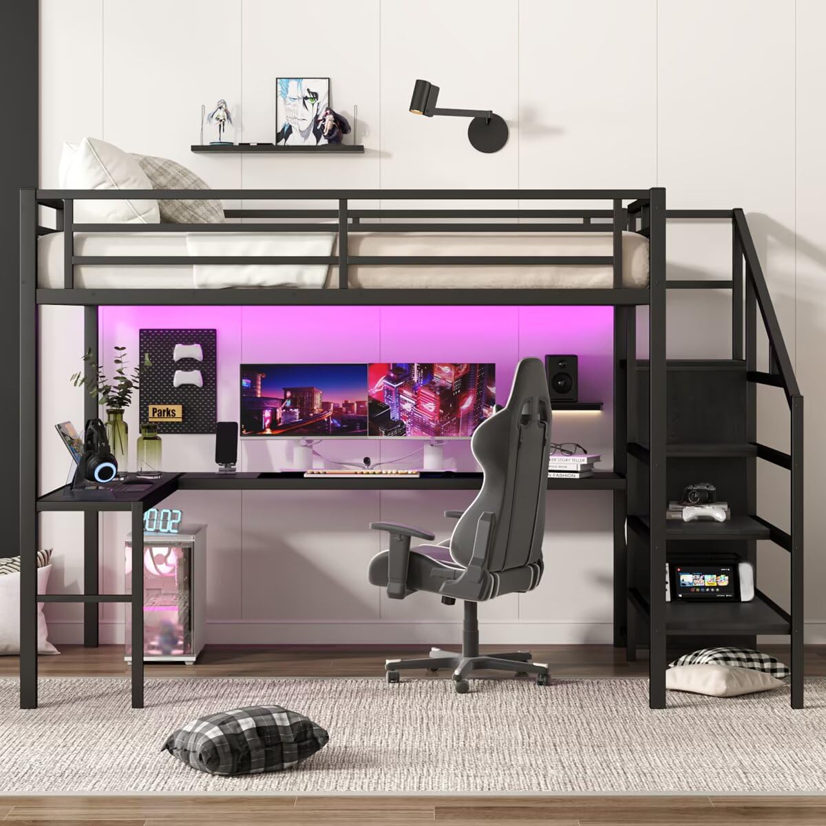 JIJIWANG Queen Size Loft Bed with L-Shaped Desk and USB, Metal Loft Bed with Wardrobe and Adjustable Shelf, with LED for Kids Teens Adults, Black JIJIWANG