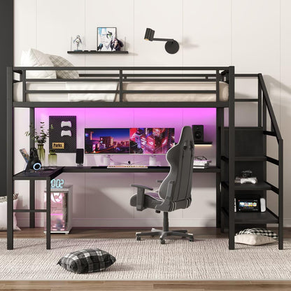 JIJIWANG Queen Size Loft Bed with L-Shaped Desk and USB, Metal Loft Bed with Wardrobe and Adjustable Shelf, with LED for Kids Teens Adults, Black