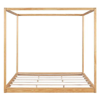 Stylish King Size Canopy Bed Frame in Natural Wood Finish with Slat Support - WoodArtSupply