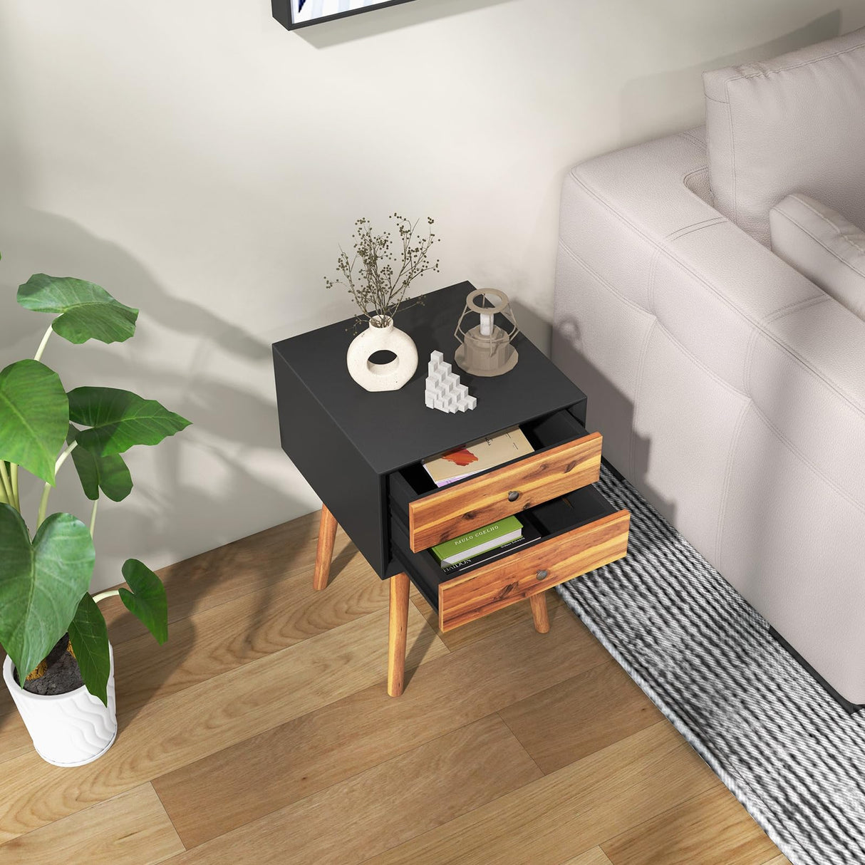 Giantex Nightstand with 2 Drawers, Mid Century Modern Bedside Table with Solid Wood Legs, Practical End Side Table for Living Room Bedroom Small Space, Night Stand, Black & Walnut Giantex