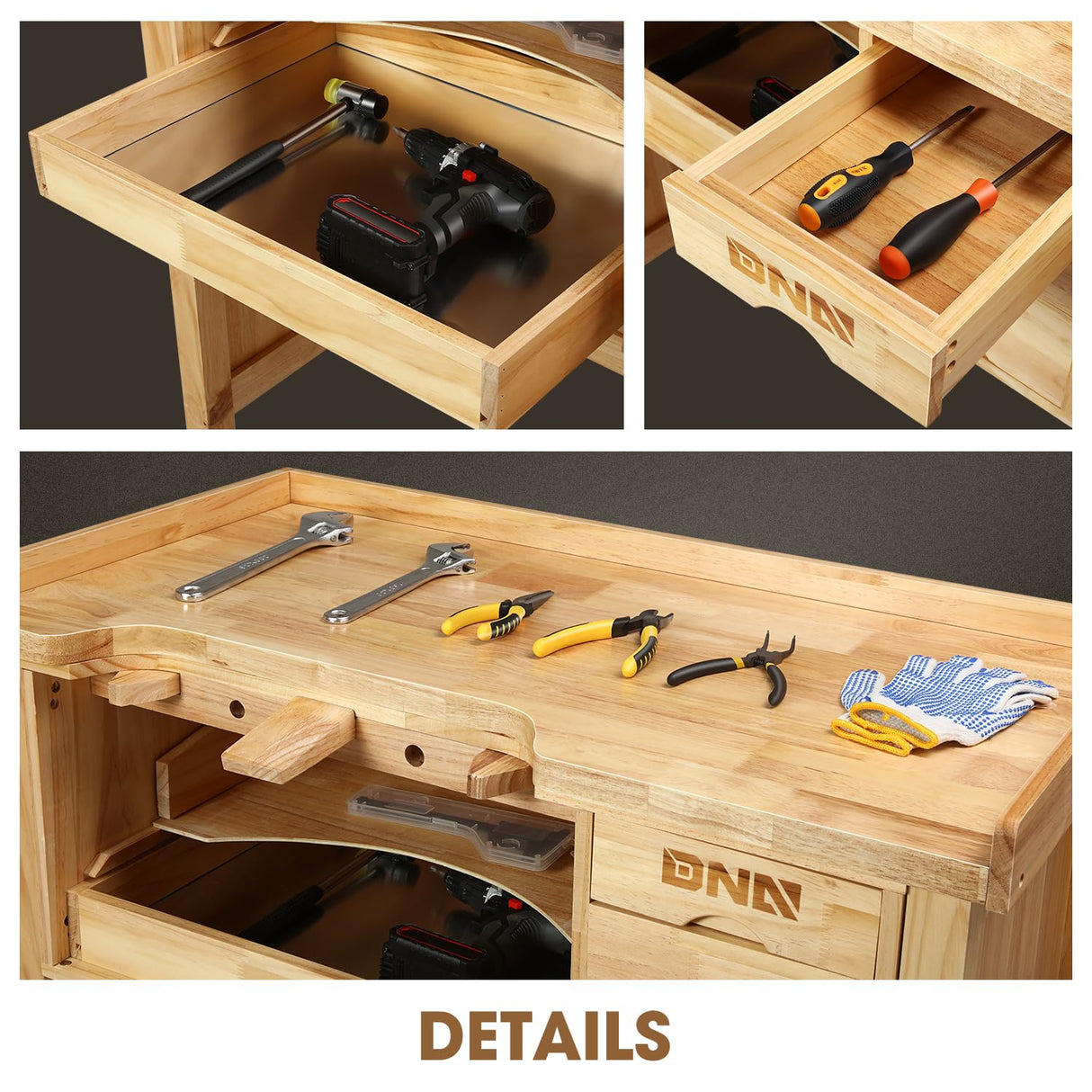 DNA MOTORING Heavy Duty Wood Workbench, Wooden Workbench with 5 Drawers for Workshop, Garage, W/Adjustable Handle, TOOLS-00524 DNA MOTORING