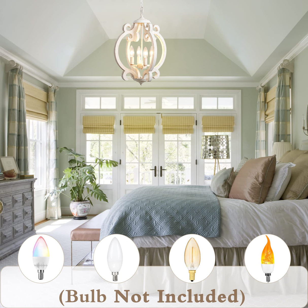 ALISADABOY Dining Room Chandelier Farmhouse Rustic White Wood Light Fixture Antique Orb Pendant Lighting for Kitchen Island Living Room Bedroom Entryway Foyer Staircase, 4 Light ALISADABOY