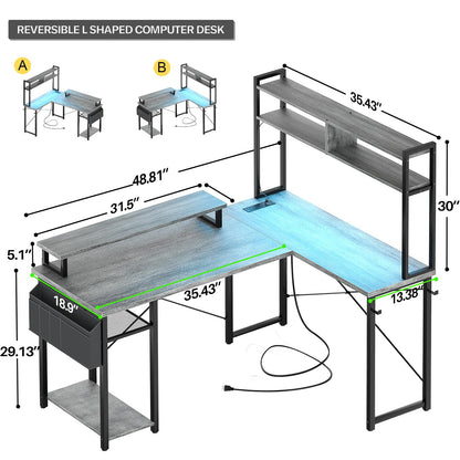 Aheaplus Small L Shaped Gaming Desk with LED Lights & Power Outlets, Reversible L-Shaped Computer Desk with Monitor Stand & Storage Shelf, Corner Desks Home Office Desk with Storage Bag, White Oak