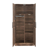 Merax Small Wardrobe Closet with 2 Doors, Wooden 2-Door Armoire Wardrobe Closet with LED and Hanging Rail, Mid Century Brown Bedroom Armoire for Clothing, Brown Merax