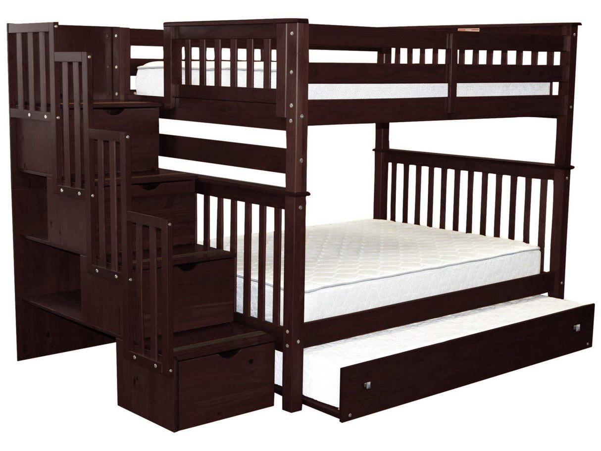 Bedz King Stairway Bunk Beds Full Over Full with 4 Drawers in The Steps and a Full Trundle, Dark Cherry Bedz King
