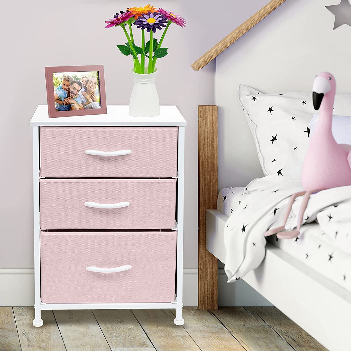 Sorbus Nightstand with 3 Drawers - Furniture Storage Chest Tower Unit for Bedroom, Hallway, Closet, Office Organization - Steel Frame, Wood Top, Pastel Fabric Bin (Pink) Sorbus