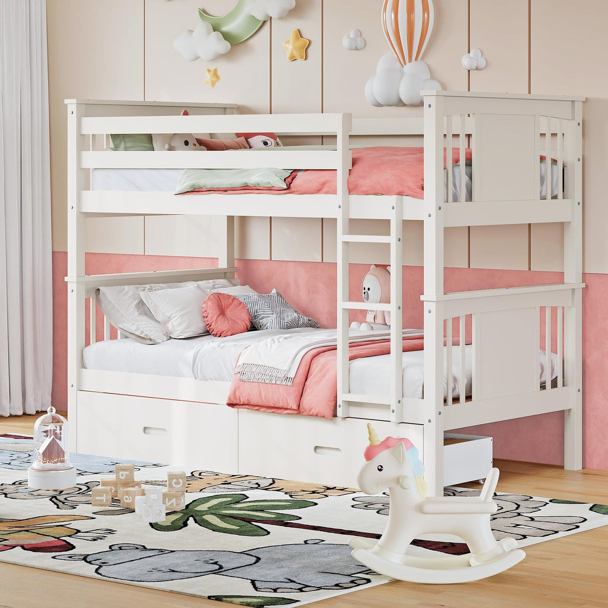 FUQARHY Bunk Bed Twin Over Twin with Storage Drawers, White Convertible Wooden Twin Bunk Beds with Sturdy Stairs and Safety Guardrail, No Box Spring Needed (White) FUQARHY