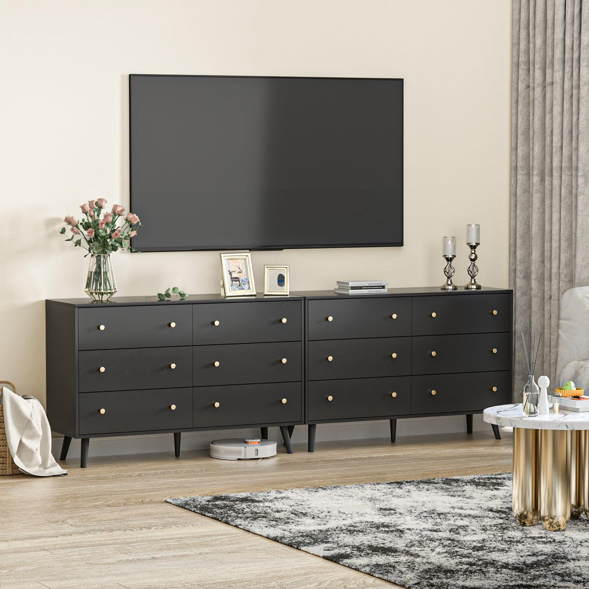 HOUROM Black Dresser, Modern 6 Drawer Double Dressers, Wood Chest of Drawers for Living Room, Hallway, Entryway HOUROM