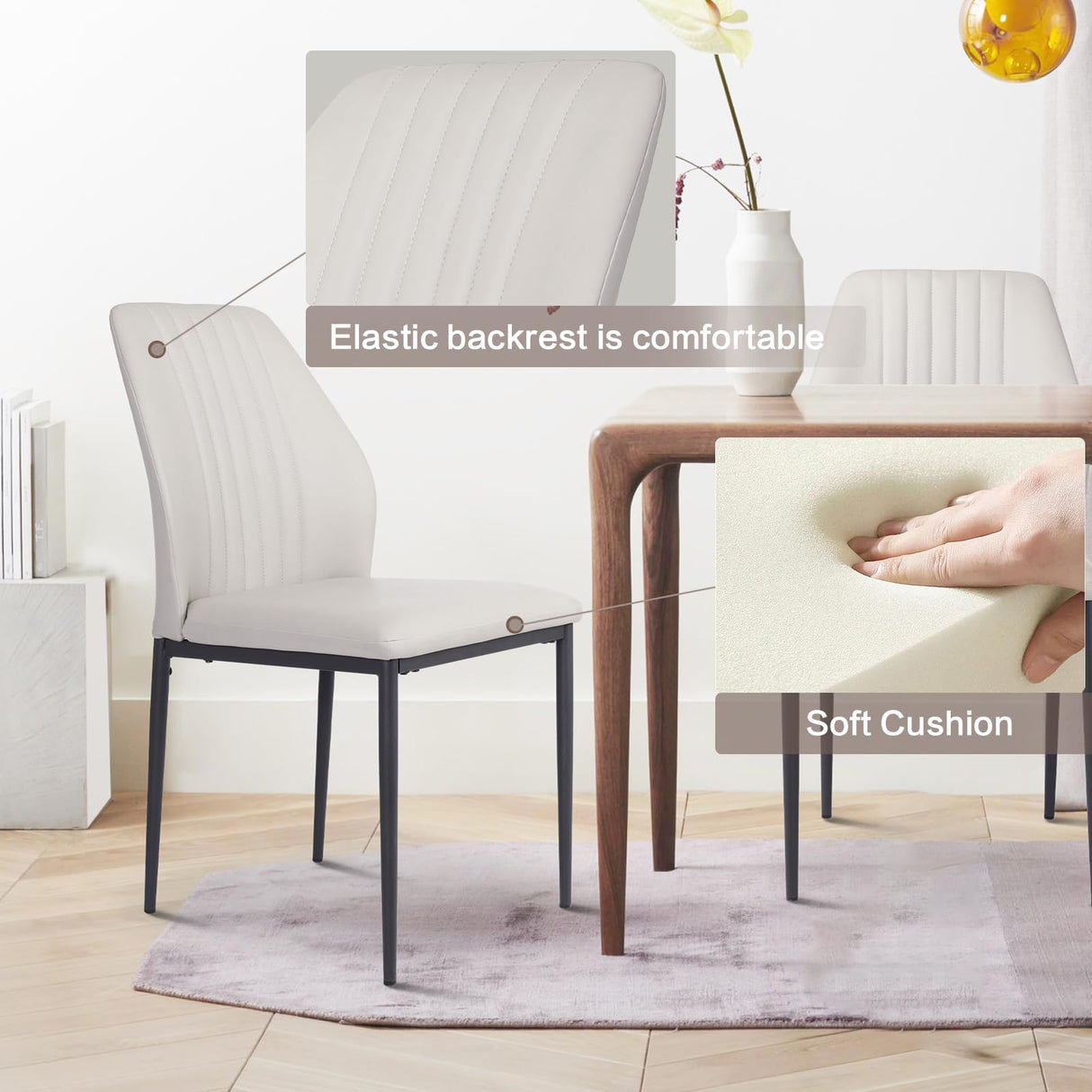 ZckyCine 6-8 People Modern Dining Table Rectangular Kitchen Dining Table Space-Saving Expandable Dining Table Metal Frame (Gray Table + 6 White Chairs) ZckyCine