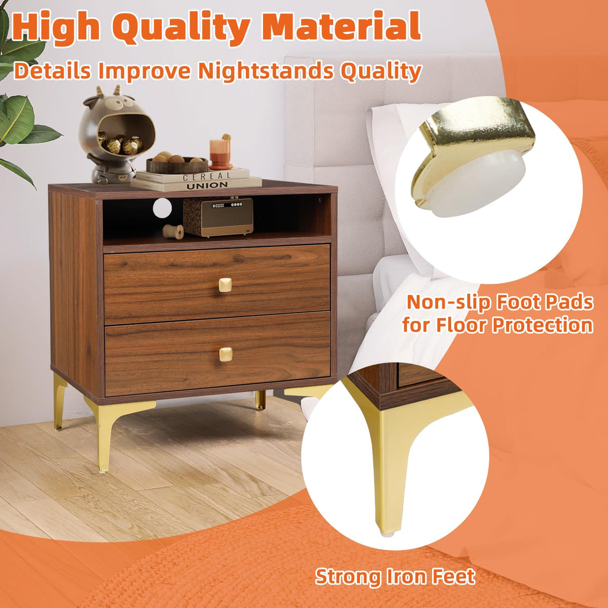 AILEEKISS Nightstands Set of 2 with Wireless Charging Function Wooden Night Stands 2 Sets with Drawers and Open Shelf Storage End Table Home Bedside Table for Bedroom (Brown 2 Sets) AILEEKISS