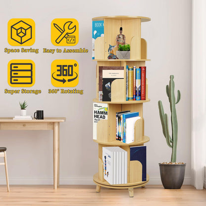 Ybaymy 4-Tier 360° Rotating Bookshelf Tower with Legs - Space-Saving Floor-Standing Wood Organizer for Living Room and Bedroom - WoodArtSupply