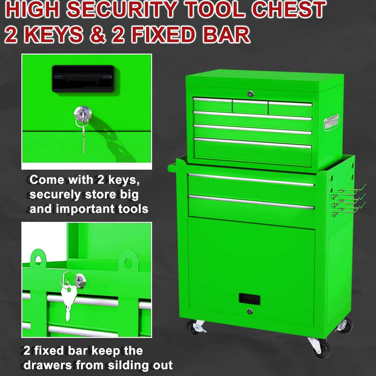 Dawmilon 8-Drawer Rolling Tool Chest, 2-in-1 Tool Box Organizer with Lockable Wheels, Sliding Drawers, and Detachable Top, Garage Workshop Tool Storage Cabinet, Green Dawmilon