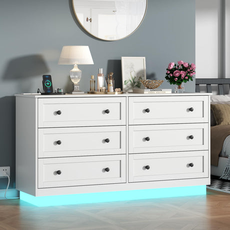 Loomie 6 Drawer Dresser, Modern Drawer Chests with Power Outlet and Led Light, Wide Chest of Drawers for Storage and Organization, White Dresser for Bedroom, Living Room, Closets, Entryway Loomie