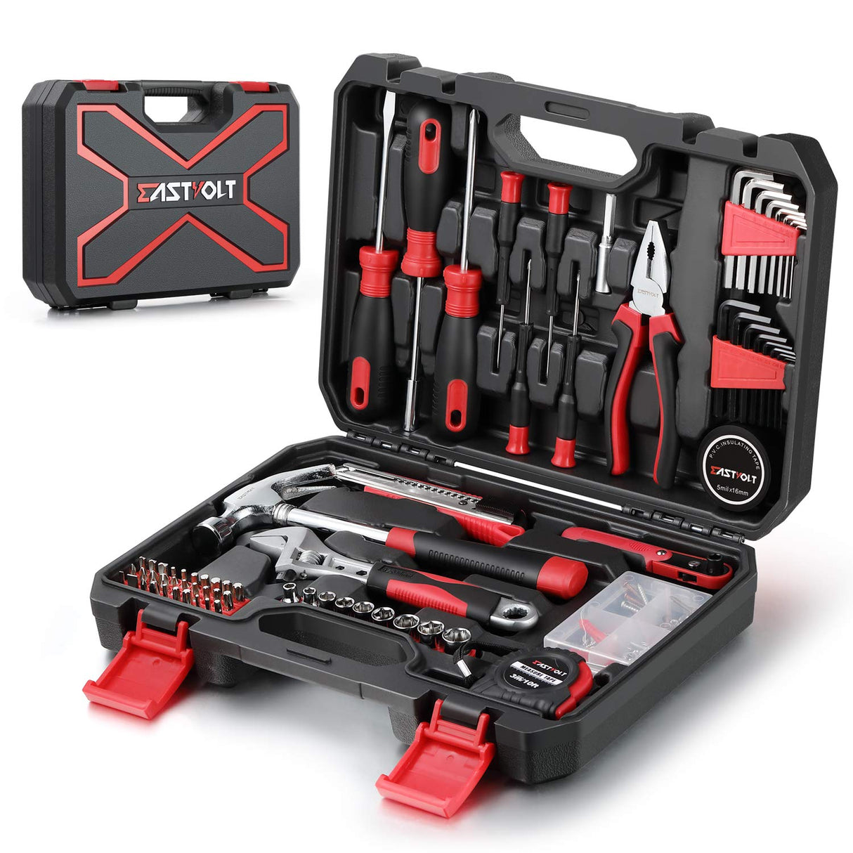 Eastvolt 128-Piece Home Repair Tool Set, Tool Sets for Homeowners, General Household Hand Tool Set with Storage Toolbox, EVHT12801, Black + Red (ASK01) Eastvolt