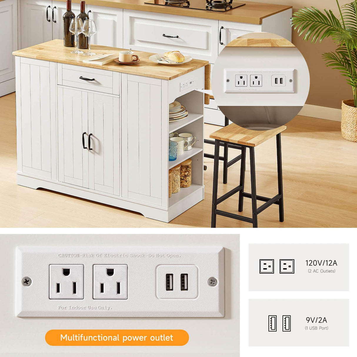 ONBRILL Stationary Kitchen Islands Include 2 Chairs, 47" Kitchen Island with Drop Leaf, Home Bar Table with Spice Rack & with Trash Cabinet, Island Table for Dining Room with Power Outlet, White ONBRILL