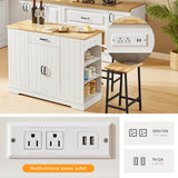 ONBRILL Stationary Kitchen Islands Include 2 Chairs, 47" Kitchen Island with Drop Leaf, Home Bar Table with Spice Rack & with Trash Cabinet, Island Table for Dining Room with Power Outlet, White ONBRILL