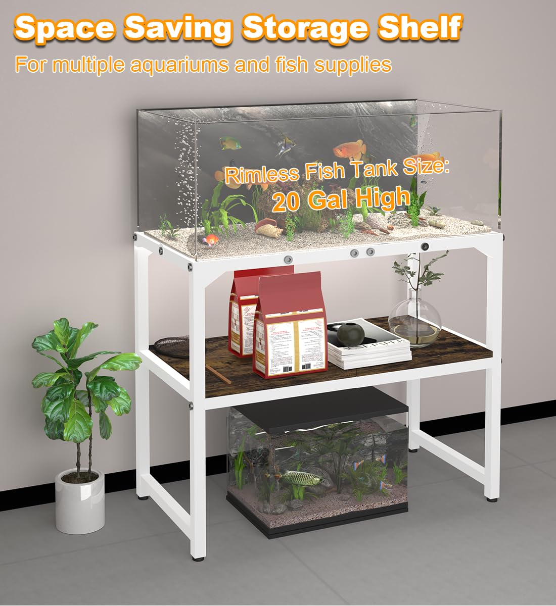 Mondazie 20 Gallon High Rimless Fish Tank Stand with Shelf for Storage, 2 Tiers Metal Aquarium Stand, Breeder Tank Turtle Reptile Terrariums Stand Rack for Home Office, 24" L x 12" W x 20.5" H, White Mondazie