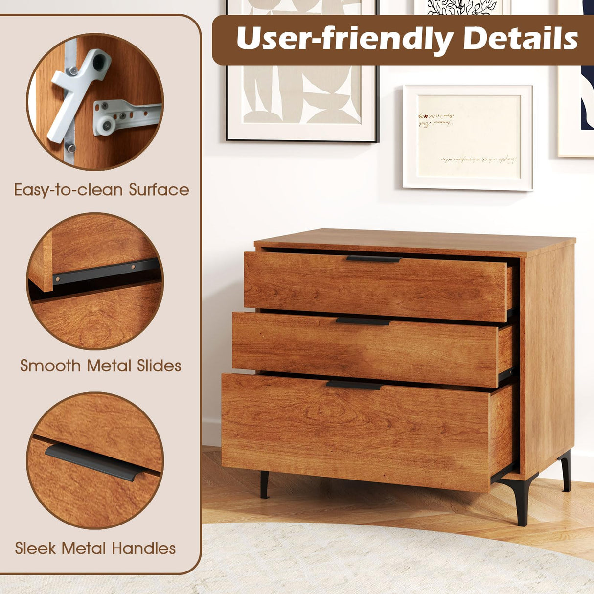 Giantex 3-Drawer Dresser for Bedroom, Multipurpose Chest of Drawers, Mid-Century Modern Storage Cabinet with Anti-Tip Kit, Clothes Organizer, 30”W Nightstand for Closet, Living Room, Entryway, Cherry Giantex