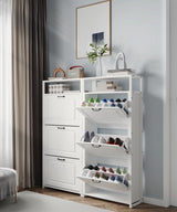 HAIOOU Shoe Cabinet with 3 Flip Drawers, Slim Wooden Shoe Rack Freestanding Storage Organizer Stand with 3 Flip Doors, Robust Metal Frame, Open Storage Shelf for 15-18 Pairs - White HAIOOU