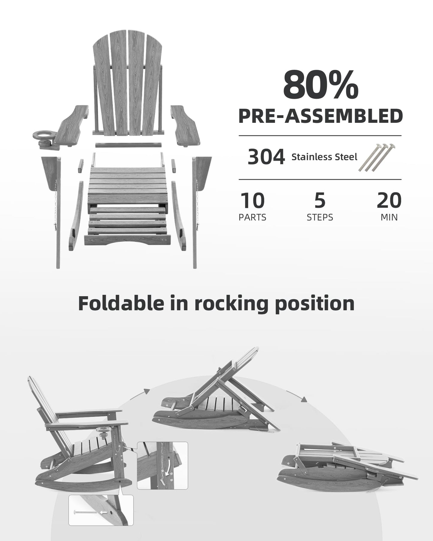 Serique 4-in-1 Multifunctional Folding Adirondack Rocking Chair, Patio Chair with Retractable Ottoman, Outdoor Chair Wood Texture, Lawn Chair for Porch, Backyard, Pool(Grey) - WoodArtSupply