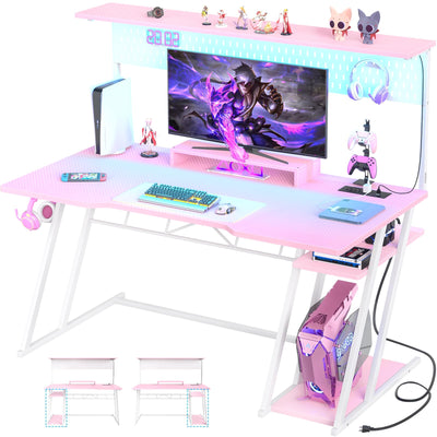 Pink Gaming Desk with Hutch and LED Lights, 55" Computer Desk with Storage Shelves, Reversible PC Gaming Desk with Pegboard, Gaming Table Gamer Desk for Bedroom, Carbon Fiber Pink