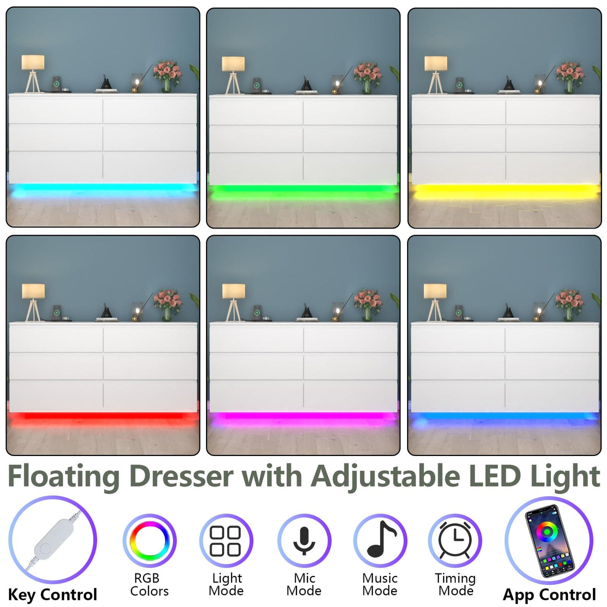 Gyfimoie 6 Drawer Dresser with Power Outlet, Floating White Dresser Chest of Drawer with LED Light,Modern Double Wide Drawer Organizer Cabinet for Bedroom,Living Room (White) Gyfimoie