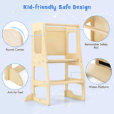 OLAKIDS Toddler Tower, 4 in 1 Foldable Kitchen Stool Learning Standing Tower with Chalkboard Removable Safety Rail, Kids Wooden Collapsible Montessori Step Stool Table and Chair Set Olakids
