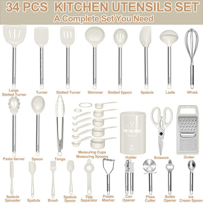 Kitchen Utensils Set-Umite Chef 34 Pcs Silicone Cooking Utensils Set for Nonstick Cookware-Silicone Spatulas Set, Stainless Steel Handle-White Kitchen Gadgets Tools, Pots and Pans Accessories