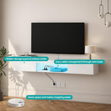 Floating TV Stand Shelf for TVs up to 80 Inch, Floating TV Cabinet with LED Light, Modern Wall Mounted Media Console Shelf with Power Outlets, Entertainment Center for Under TV Storage, White Msutree