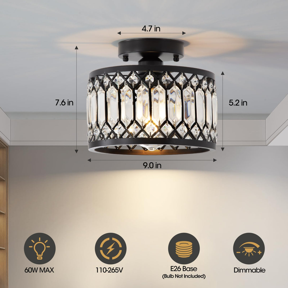 WimiSom Black Crystal Ceiling Light, Modern Semi Flush Mount Ceiling Lighting Fixture, Hand Woven Flush Mount Ceiling Light for Hallway, Bedroom, Kitchen, entryway, Living Room WimiSom