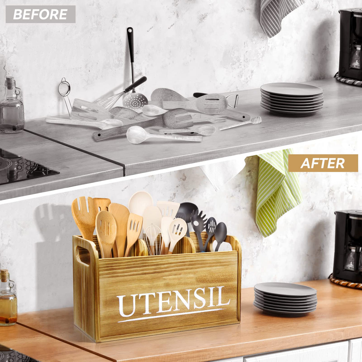 brekle Kitchen Utensil Holder Rustic Large Wooden Utensil Organizer Cooking Tools Storage (Farmhouse Wooden) brekle