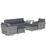 Outsunny 6 Piece Patio Furniture Set with Rattan 3-seater Sofa, Swivel Rocking Chairs, Footstools, Table, Outdoor Conversation Set for Backyard, Lawn and Pool, Mixed Gray Outsunny