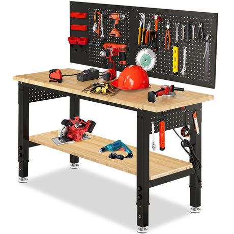 MUWOOD Adjustable Height Work Bench 48×24 Workbench for Garage with Under Table Shelf Heavy Duty Rubber Wood Work Table for Shop Woodworking, Office, Home, Commercial MUWOOD