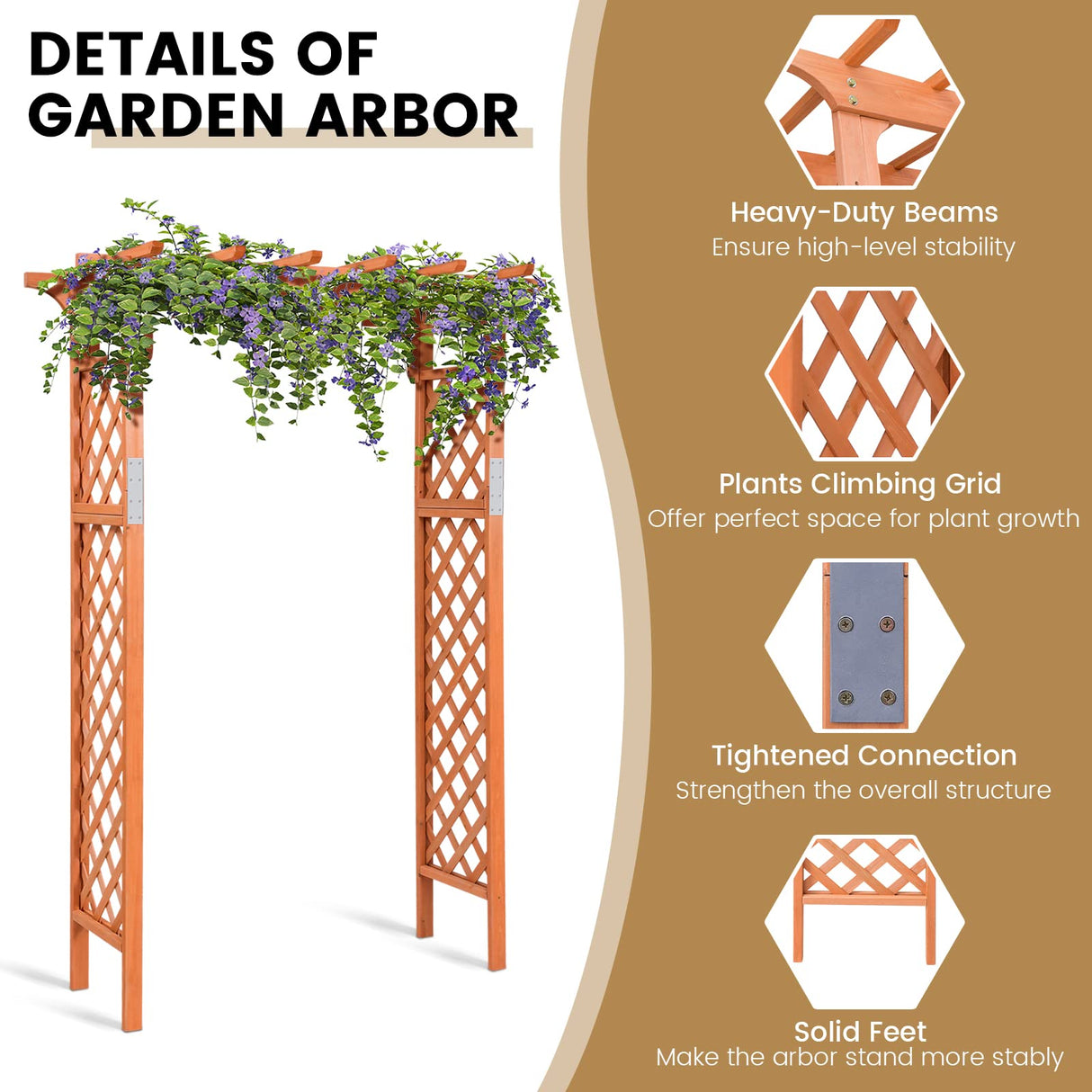 Tangkula 88-Inch Wooden Garden Arbor with Trellis, Decoration Outdoor Rose Arbor with Metal Connection for Climbing Plants, Wedding Arch for Ceremony, Bridal Party, Archway, Lawn, Patio Tangkula