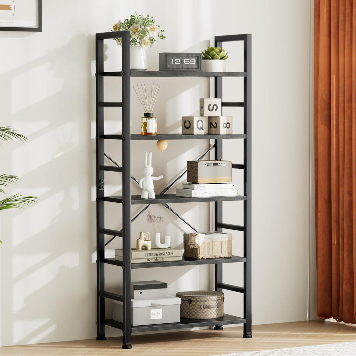 NEWBULIG Book Shelf 5 Tier Modern Bookcase Sturdy Metal Storage Organizer Books/CDs/Magazines Industrial Open Display Shelf for Bedroom Home Office Kitchen Living Room NEWBULIG