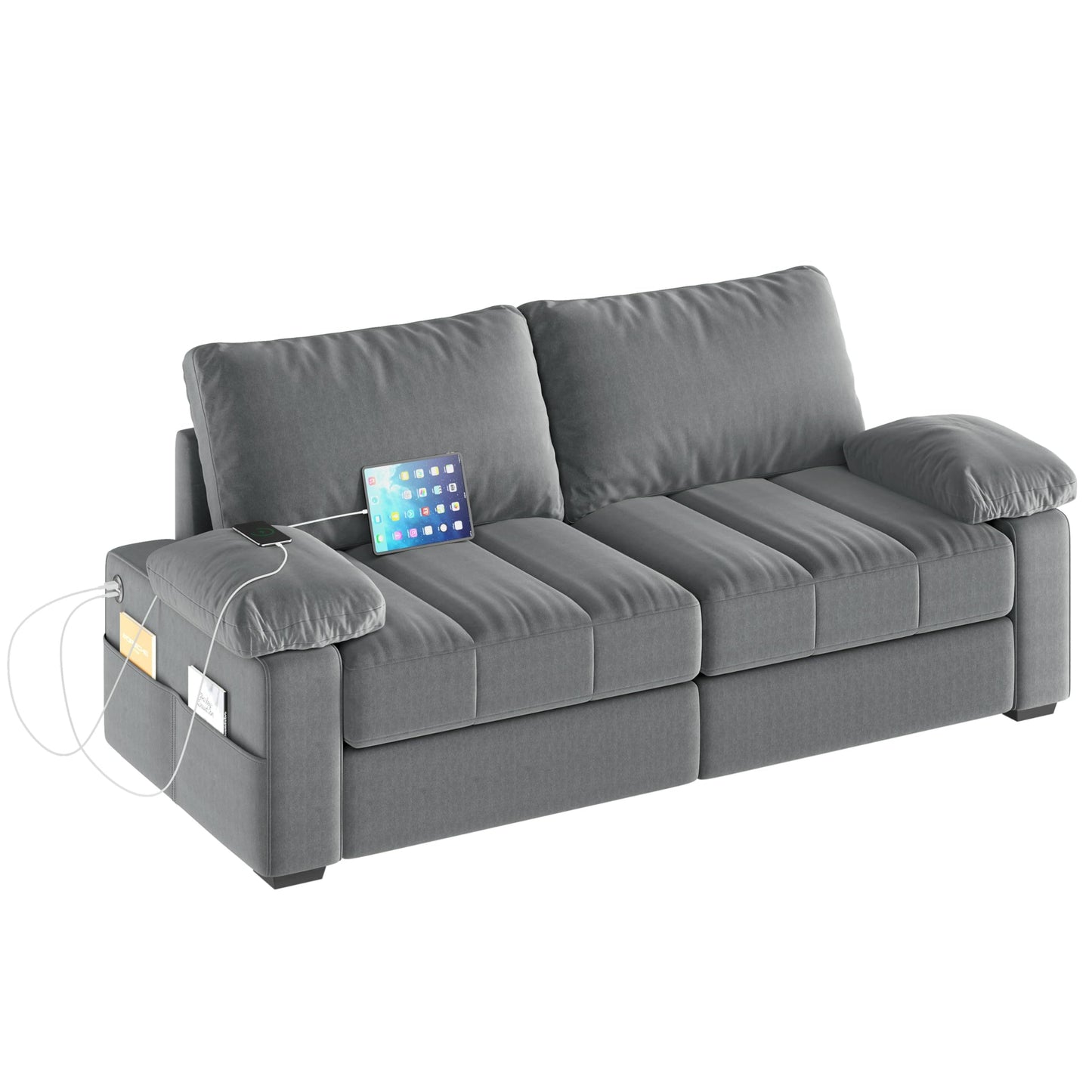 Yaheetech 79" Sofa Couch Modern Velvet Couch with Removable Covers & USB Ports Oversized Loveseat Sofas with Storage Pockets for Living Room Bedroom Apartment Gray