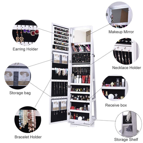 SDHYL Rotating Jewelry Cabinet with Mirror, Full Length Wooden Storage Armoire with Lock SDHYL