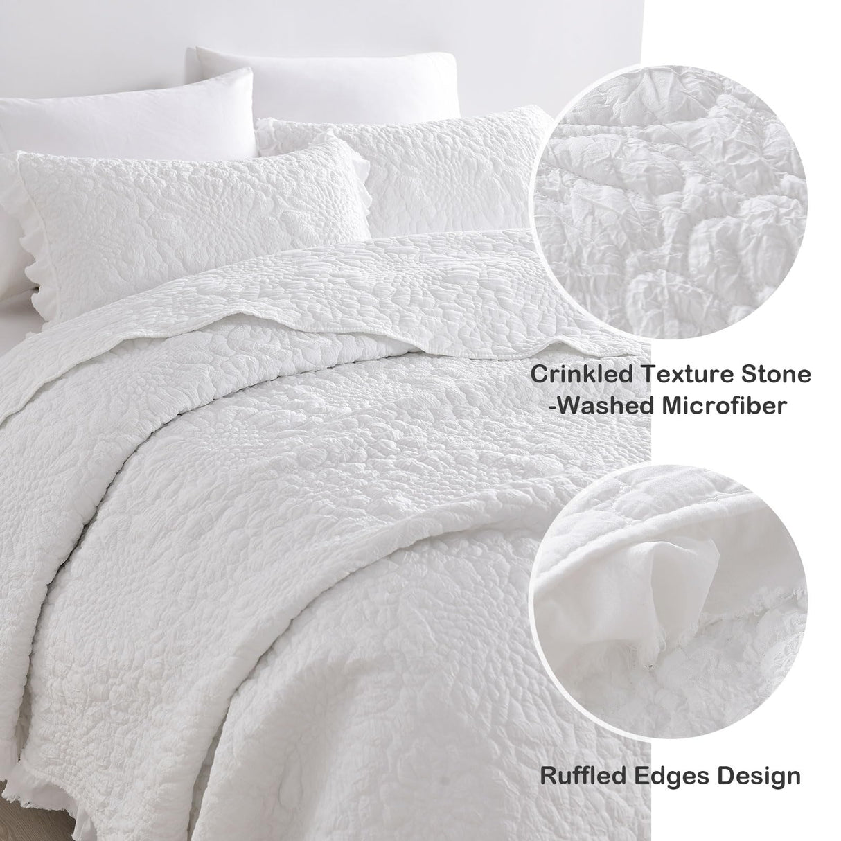 HORIMOTE HOME White Ruffled Quilt Queen Size, Stone-Washed Microfiber Lightweight Crinkled Farmhouse Rustic Shabby Chic Bedding Set, 3 Pieces Reversible Bedspread with Pillow Shams for All Season HORIMOTE HOME