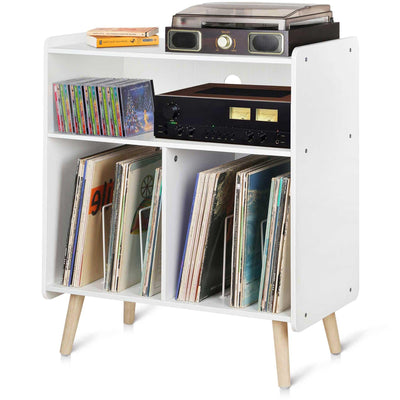 Possile Mid-Century Wood Record Player Stand, Large Vintage Turntable Stand for Living Room, Office, 3-Tier Vinyl Record Storage Cabinet Table Holds up to 100 Albums, White