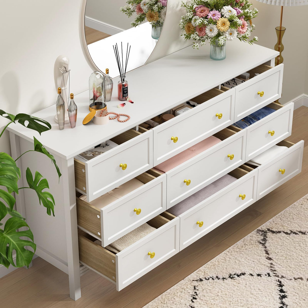 CARPETNAL 9 Drawer White Dresser for Bedroom with Deep Drawers, Large Dressers & Chest of Drawers With Gold Handle, Modern Long Dressers for Closet Bedroom, Living Room (59.25" W x 15.75" D x 30.9" H) CARPETNAL
